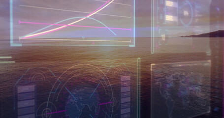 Displaying digital overlay spanning calm sea at twilight horizon, with line chart and globe diagram