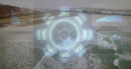 Displaying HUD reticle tracking ocean conditions over coastal bay, with segmented bars and panels