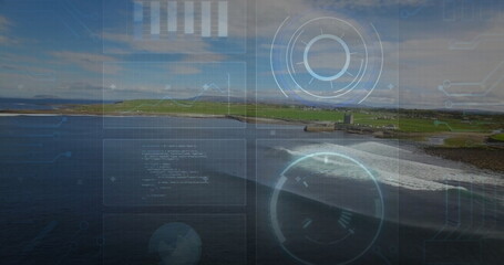 Displaying digital interface overlay over coastal shore, with futuristic HUD elements