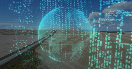 Displaying holographic globe overlaying rural pipeline across flat grassland, with streaming code