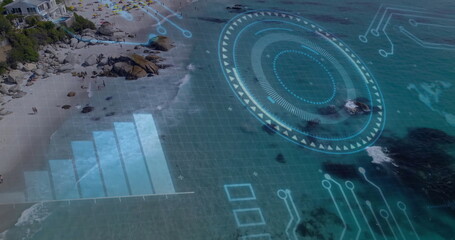 Displaying digital interface graphic overlaying coastal beach with sun umbrellas, copy space