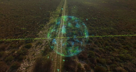 Scanning 3D sphere mapping dirt tracks over arid desert with triangular facets and data indicators