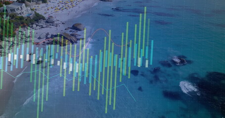 Displaying transparent bar and line graph overlay over coastal bay with sunbathers and umbrellas