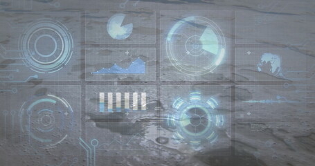 Displaying holographic panels floating over rocky lunar surface, with pie chart and line graph