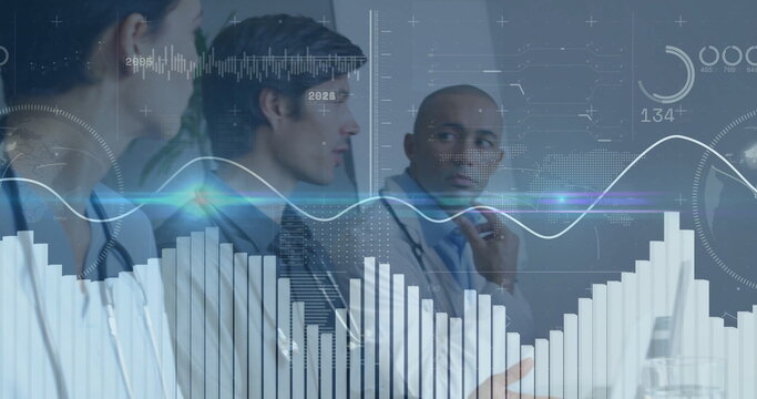 Analyzing medical team studying bar charts in medical office, with lab coats and stethoscopes