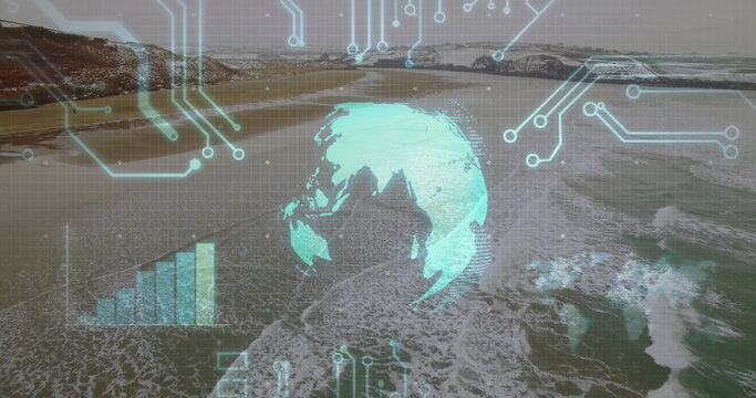 Displaying holographic globe hovering over rocky coast, with rising bar chart, neon circuit overlay