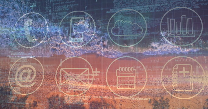 Displaying icons and code at shoreline with communication, document, cloud, chart, planner icons