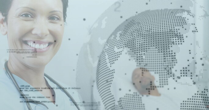 Smiling female doctor presenting interface at ER, with stethoscope, dotted globe, copy space