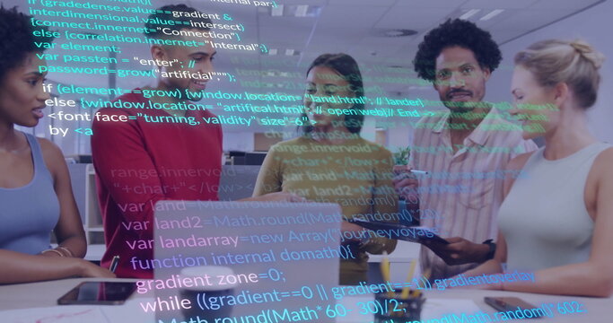 Collaborating tech team gathering around laptop and tablet in office, with holographic code overlay