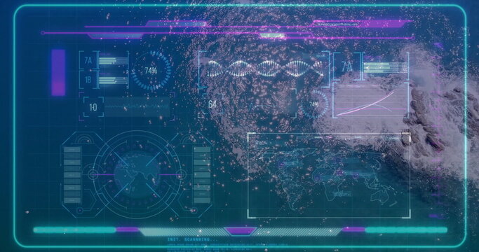 Displaying holographic data interface floating at command console, with world map and radar overlay