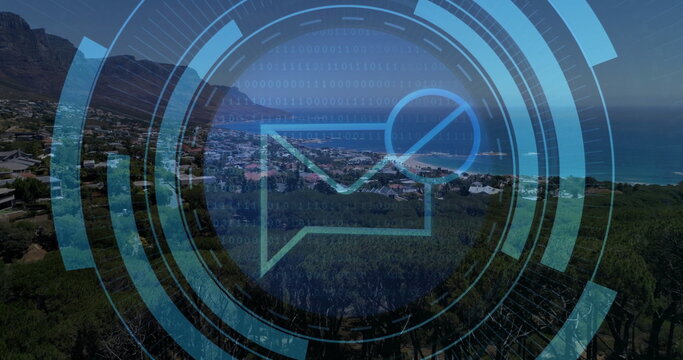 Holographic envelope icon hovering in coastal hillside view, with translucent HUD and binary code