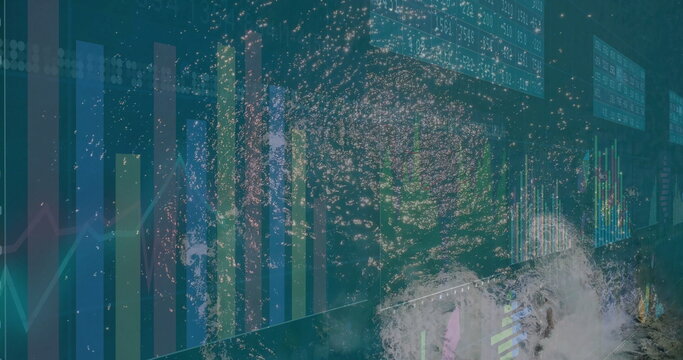 Swirling water vortex merging with financial charts in digital graphic, with vertical bar charts