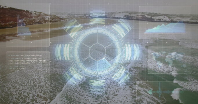 Fototapeta Displaying HUD reticle tracking ocean conditions over coastal bay, with segmented bars and panels