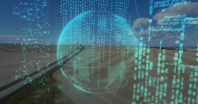 Displaying holographic globe overlaying rural pipeline across flat grassland, with streaming code