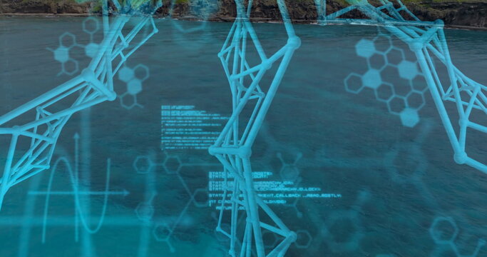Displaying neon 3D network floating above rocky ocean coast, with data visualization overlays