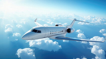 Obraz premium White private jet flying above fluffy white clouds in a bright blue sky with sunlight streaming through