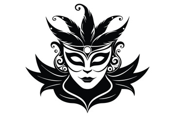 Black silhouette presents a feathered Venetian mask design with floral curls over white