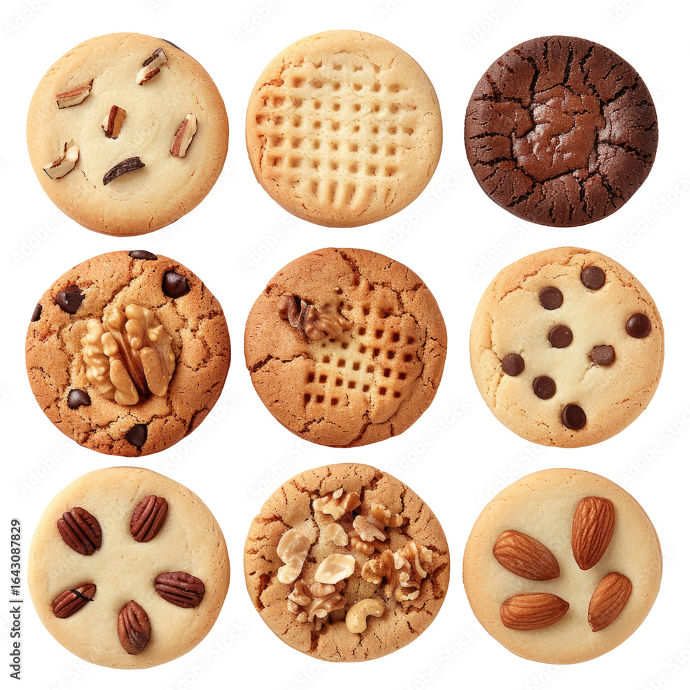 Poster assortment of nine delicious cookies with various toppings like nuts and chocolate chips. background
