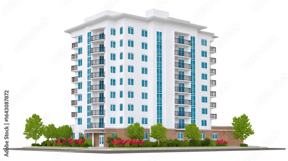 Poster modern residential building with multiple floors, featuring balconies and large windows. structure i