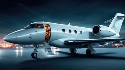 Naklejka premium White private jet parked on tarmac with open door and stairs at night with city lights and cars in background