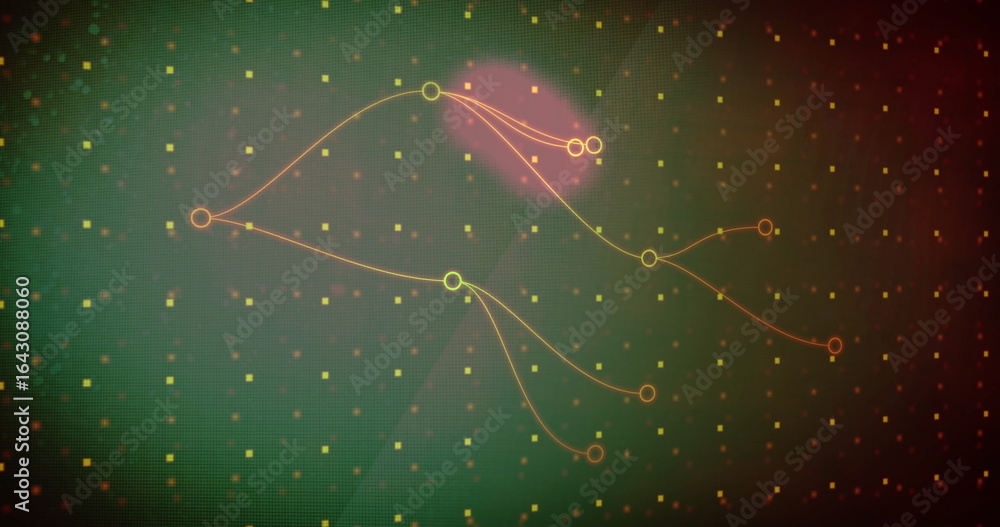 Poster displaying neon branching lines across gradient grid space with glowing nodes and squares