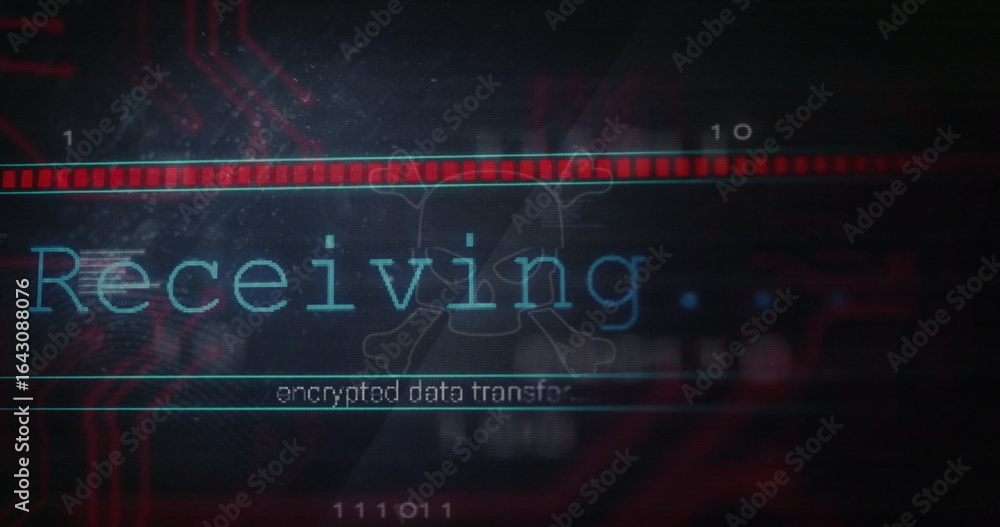 Poster displaying glowing cyan receiving… interface on screen, with red progress bar and skull watermark