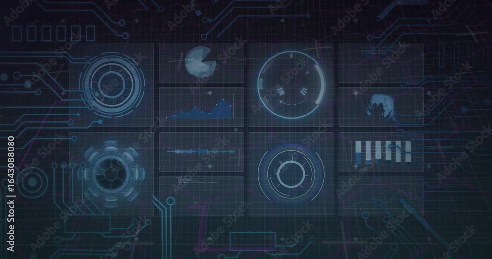 Poster displaying central holographic data panels overlaying grid interface, with neon circuit traces