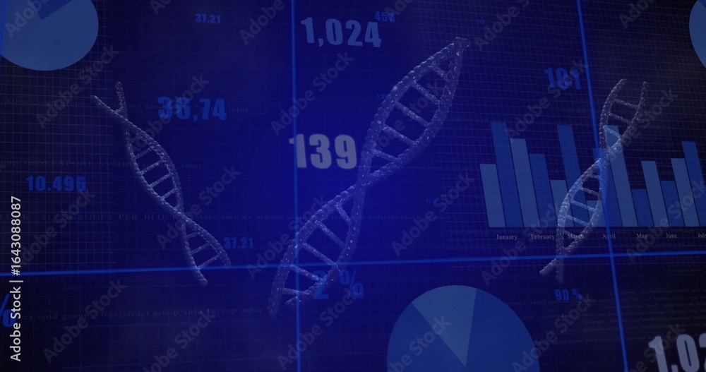 Poster displaying blue-themed 3d dna models on grid, with numeric labels, bar chart and pie chart segments
