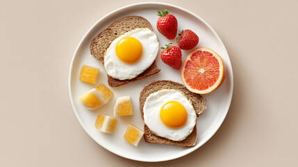 Abstract breakfast art, toast, eggs, fruit, white plate, neutral background flat lay