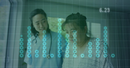 Scrub clad Korean nurse supporting patient in softly lit room, stethoscope, data grid showing 6