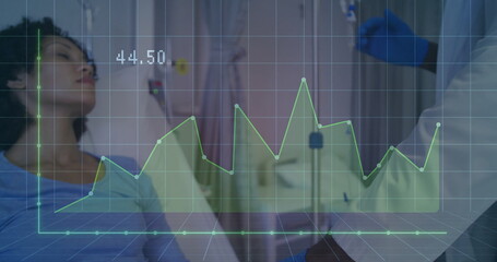 Adjusting gloved doctor regulating IV on stand in hospital with IV bag, graph overlay copy space