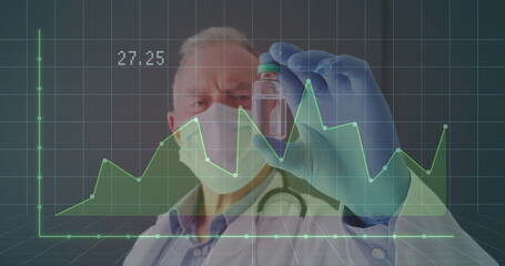 Doctor wearing lab coat and gloves examining vial in lab, with digital grid and graph overlay