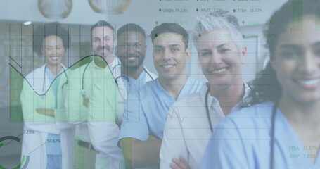 Smiling medical team wearing scrubs and lab coats in clinic hallway, with stethoscopes, line graphs
