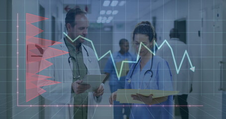 Doctor and nurse discussing patient data in hospital hallway, with tablet and graph overlays