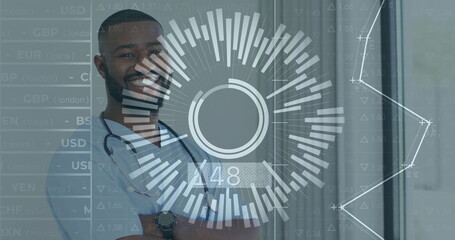 Standing doctor wearing stethoscope in corridor, displaying holographic chart A48 and rates chart