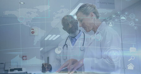 Two doctors reviewing patient chart at nursing station, with stethoscopes and digital overlay