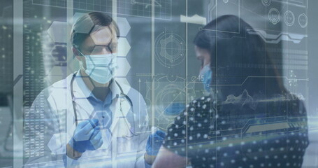 Preparing masked doctor loading syringe for injection in exam room, with digital overlay