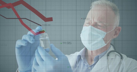 Doctor wearing lab coat, mask, gloves placing vial cap in lab, graph overlay, copy space