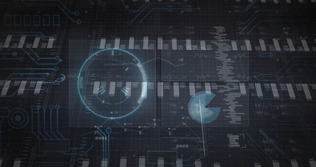 Displaying glowing circular data visualization on grid interface, with pie, bar and line charts