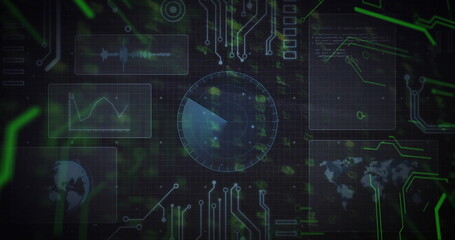 Showing circular radar rotating scanning arc on interface with neon circuit lines and data panels