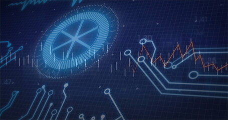 Displaying blue circular gauge on computer dashboard, with circuit traces and orange line graph