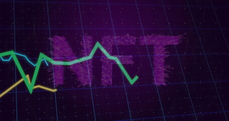 Displaying large 3D purple NFT letters on violet digital grid, with green teal yellow line graphs