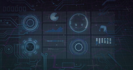 Displaying central holographic data panels overlaying grid interface, with neon circuit traces