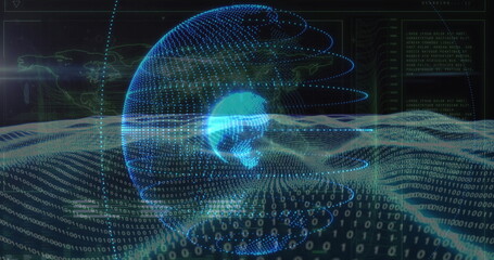 Displaying 3D dotted globe glowing at core in virtual cyberspace, with streaming binary code digits