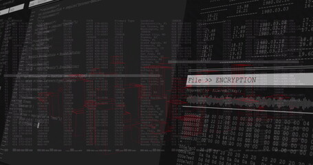 Displaying highlighted encryption panel with waveform and network diagrams on screen, copy space