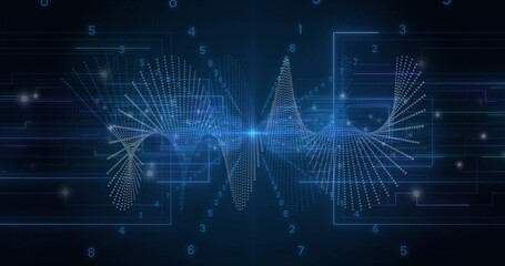 Spiraling digital waveform across interface, with light flare, frames, circuits and digit labels