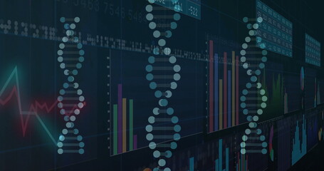 Displaying stylized DNA helix glowing on dashboard, with bar charts, line waveform, data panels