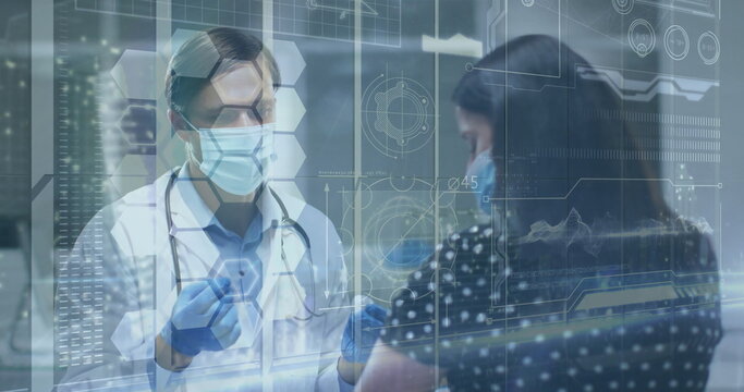 Preparing masked doctor loading syringe for injection in exam room, with digital overlay - Powered by Adobe