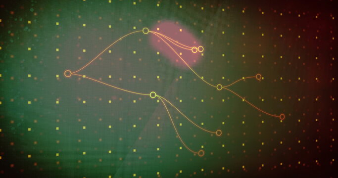 Displaying neon branching lines across gradient grid space with glowing nodes and squares