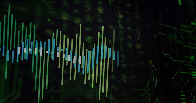 Displaying fluctuating vertical bars pulsing on screen, with binary digits and circuit traces